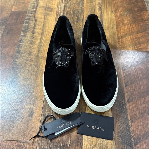 Versace Black Velvet Palazzo Medusa Slip-On Sneakers Size 45/US 12